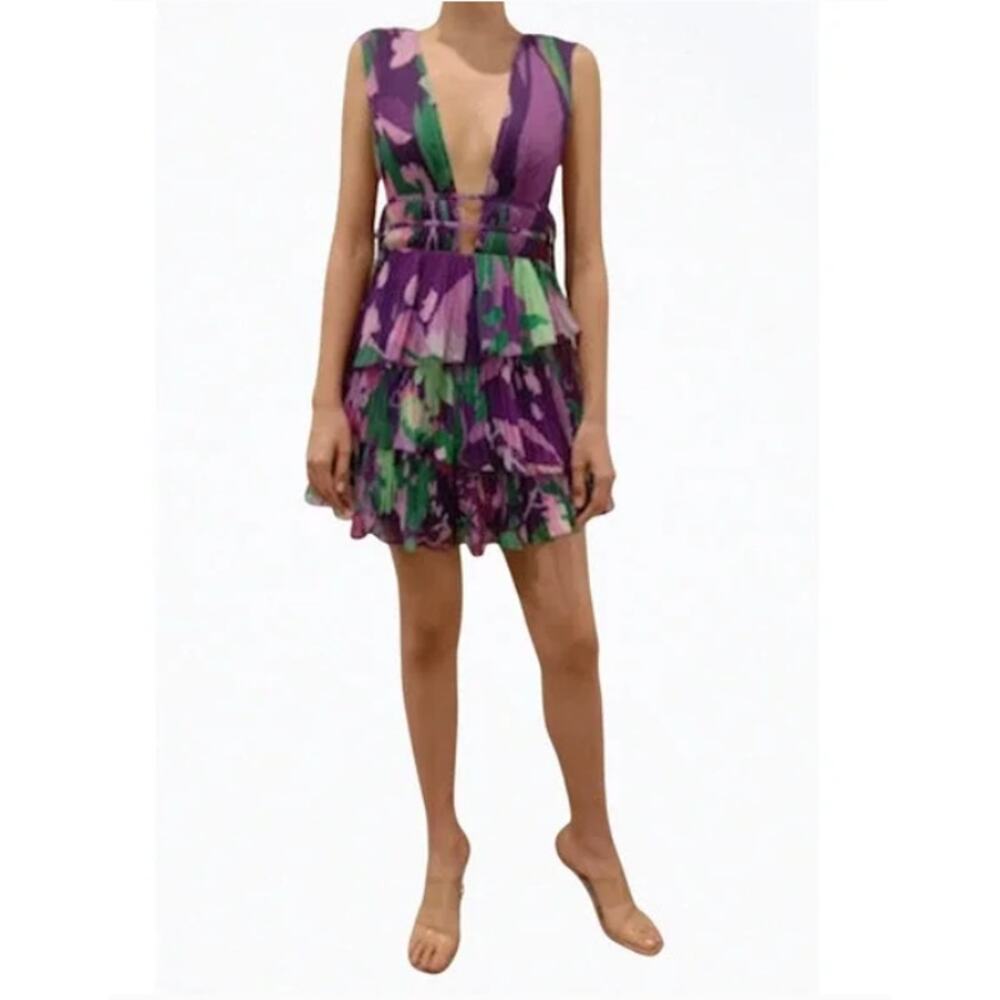 Roccoco Sand Aerin Pleated Cutout Chiffon Mini Dress Womens Medium